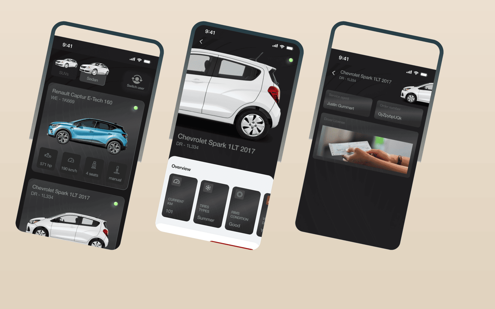 Clue: rental selection, booking dates, and repair-status screens
