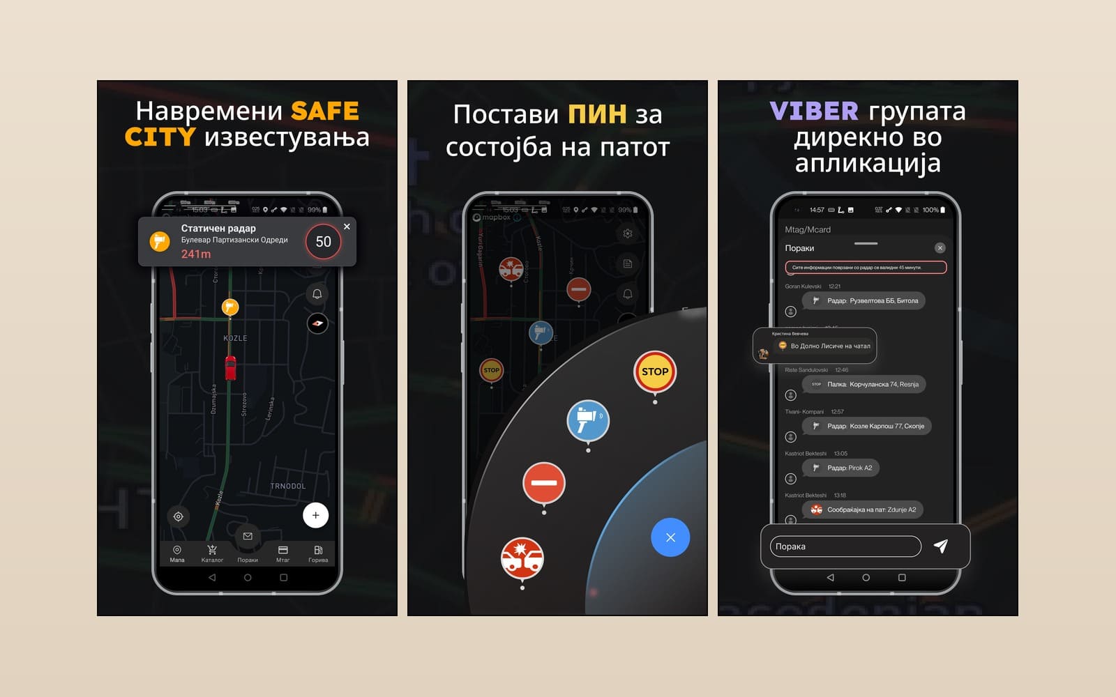 Info Traffic: live map with a Safe City static-radar alert and real-time road conditions