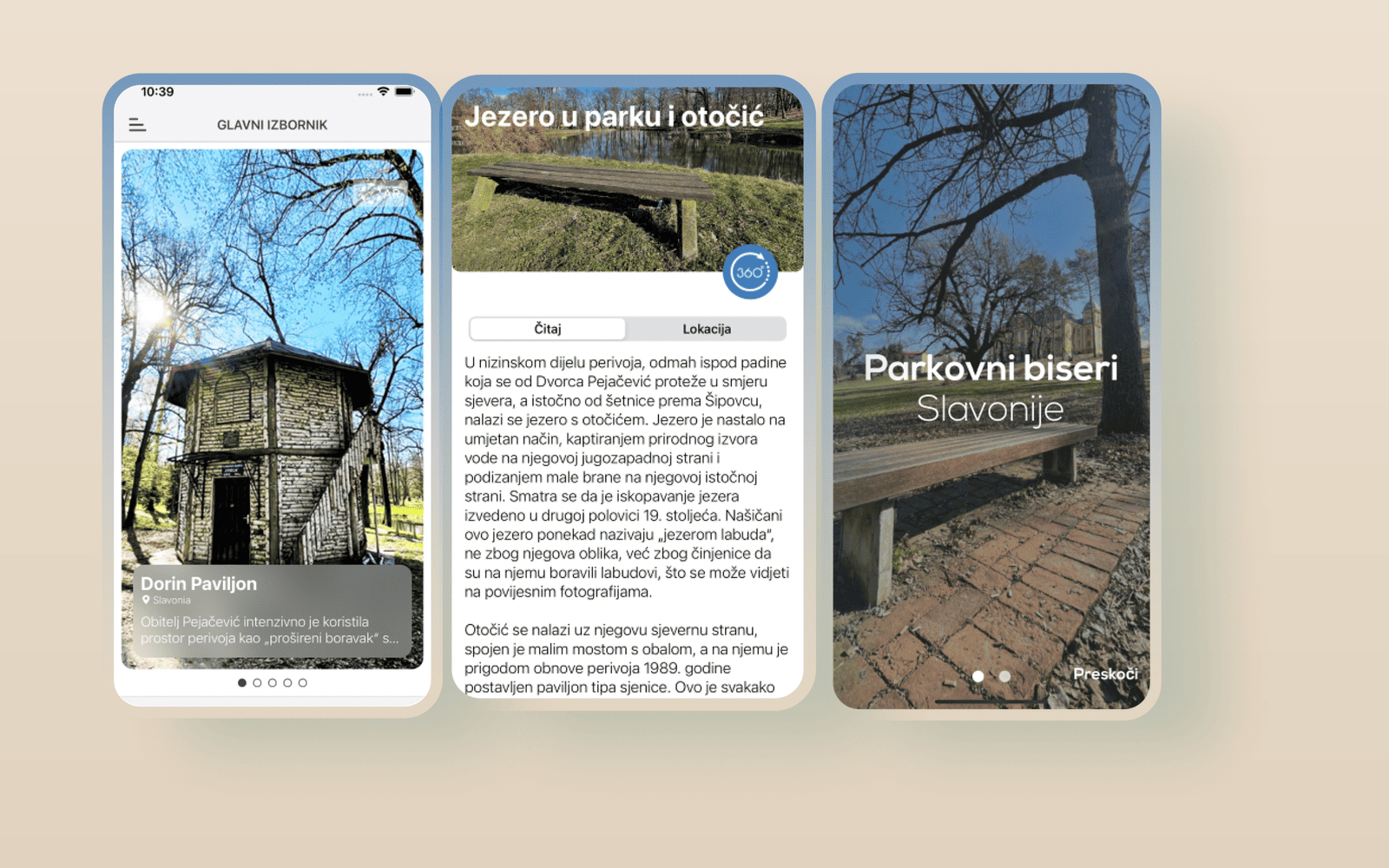 PBS Nashice: park onboarding, Dorin Paviljon landmark card, and trail map screens