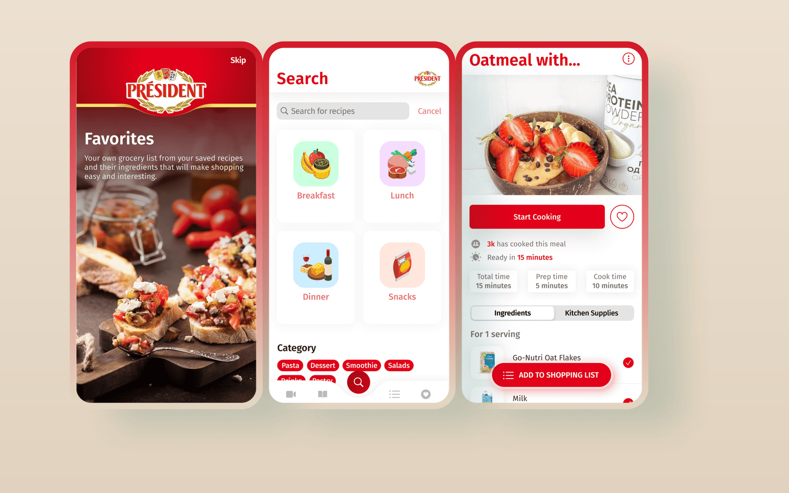 President: favorites splash, recipe search, and recipe detail screens