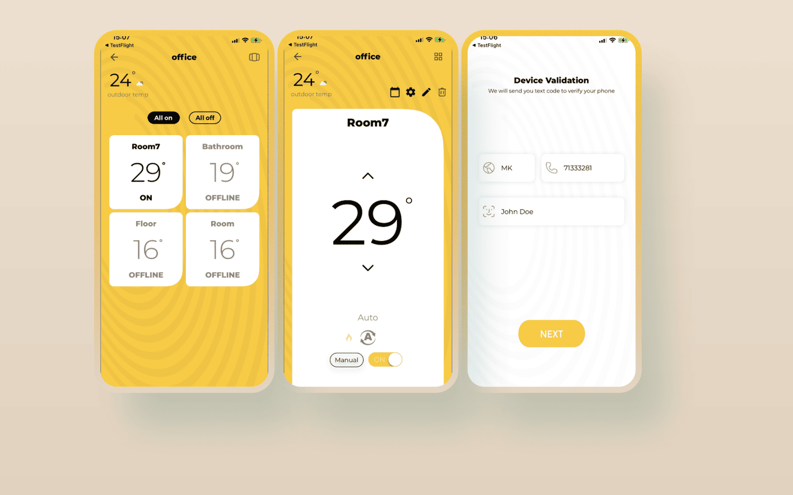 Touch App: multi-room overview, single thermostat dial, and weekly schedule screens