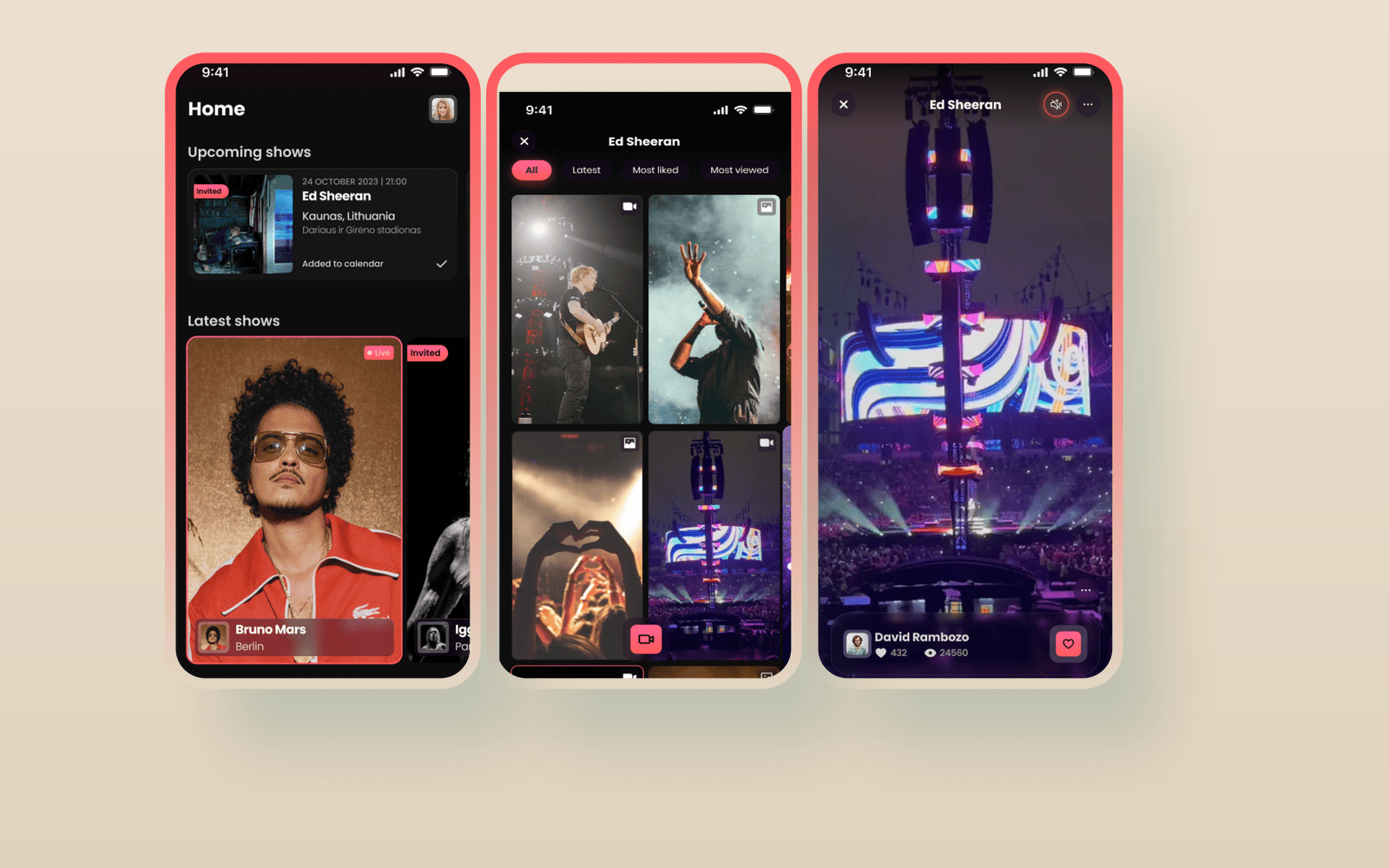 WeFilmin: upcoming shows feed, live concert view, and fan profile screens