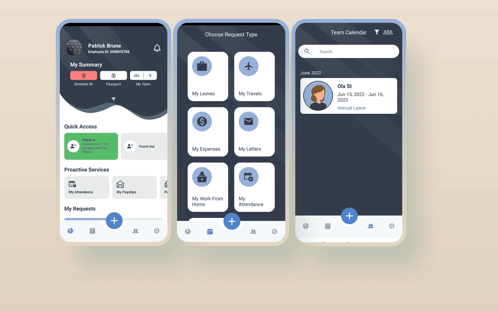 WorkForce: home dashboard, request types, and team calendar screens